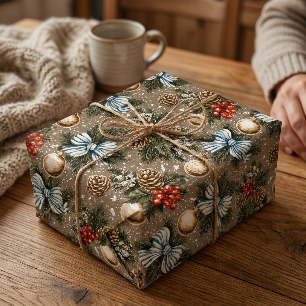 Vintage Christmas wrapping paper with pinecones and blue bows on a gift box. Wrapped Studios.