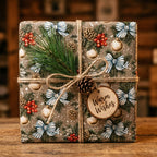 Rustic Christmas gift wrap with pinecones and blue bows on a gift box by Wrapped Studios.