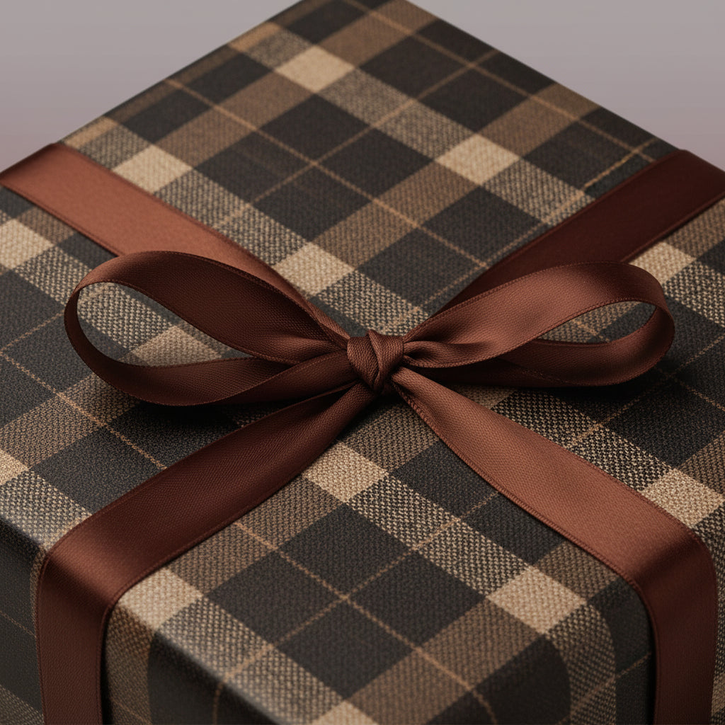 Elegant gift box wrapped in brown plaid paper with a matching satin ribbon bow.