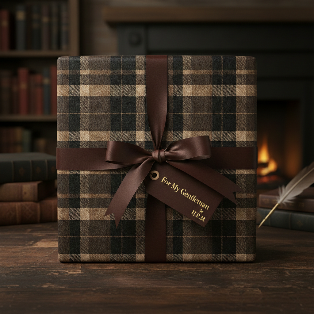 Elegant gift box wrapped in brown plaid wrapping paper with a satin ribbon and tag.