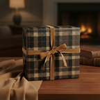 Elegant gift wrapped in brown plaid wrapping paper with a velvet ribbon and bow; warm fireplace background.