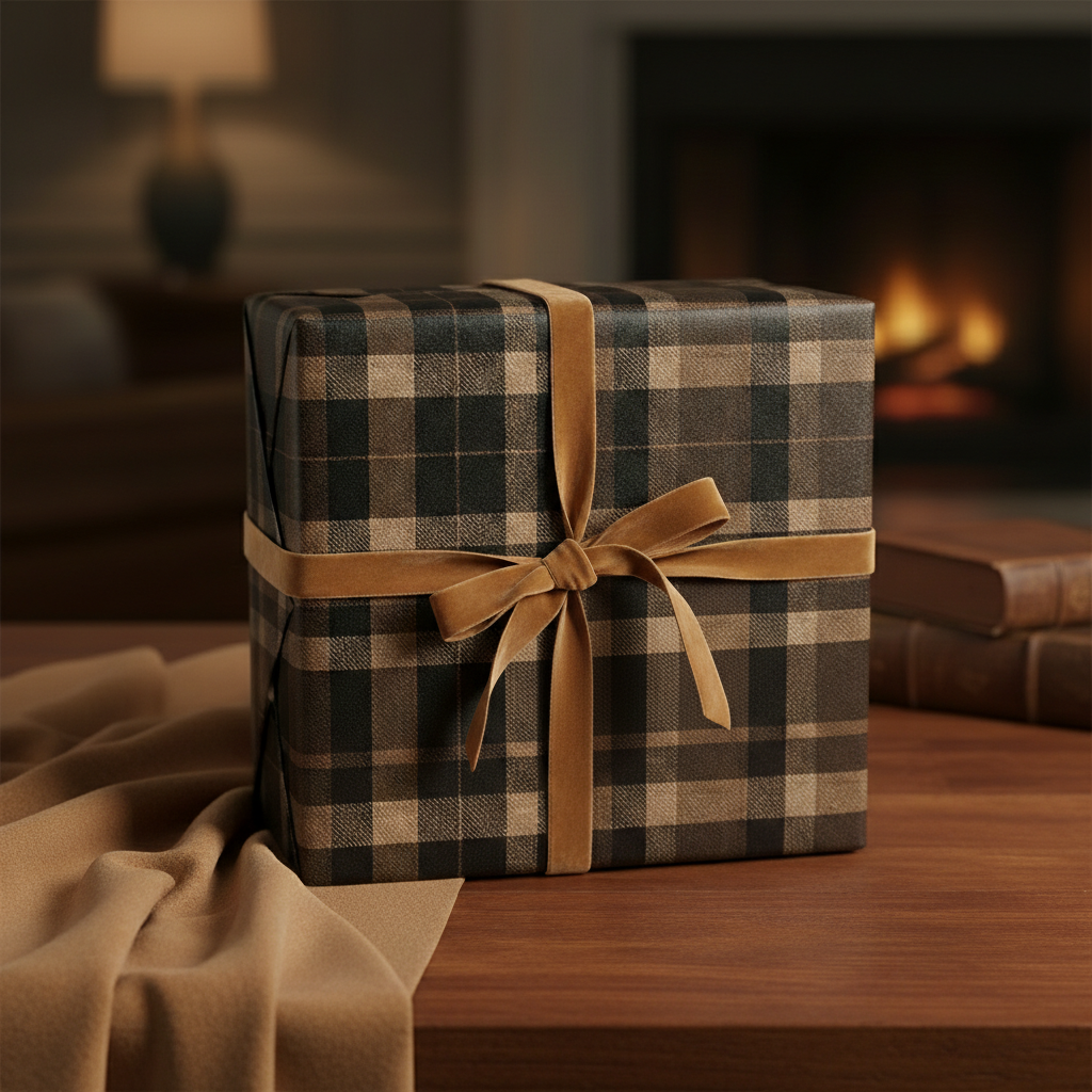 Elegant gift wrapped in brown plaid wrapping paper with a velvet ribbon and bow; warm fireplace background.