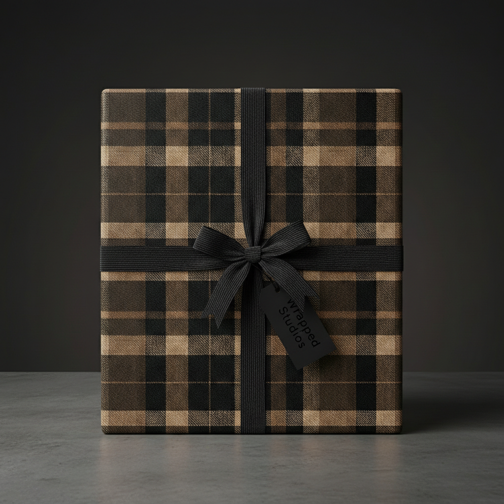 Elegant gift box wrapped in brown and black plaid wrapping paper with a black ribbon.