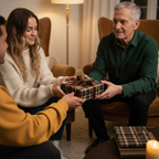 Family exchanging a gift wrapped in luxury plaid wrapping paper with a brown ribbon bow.