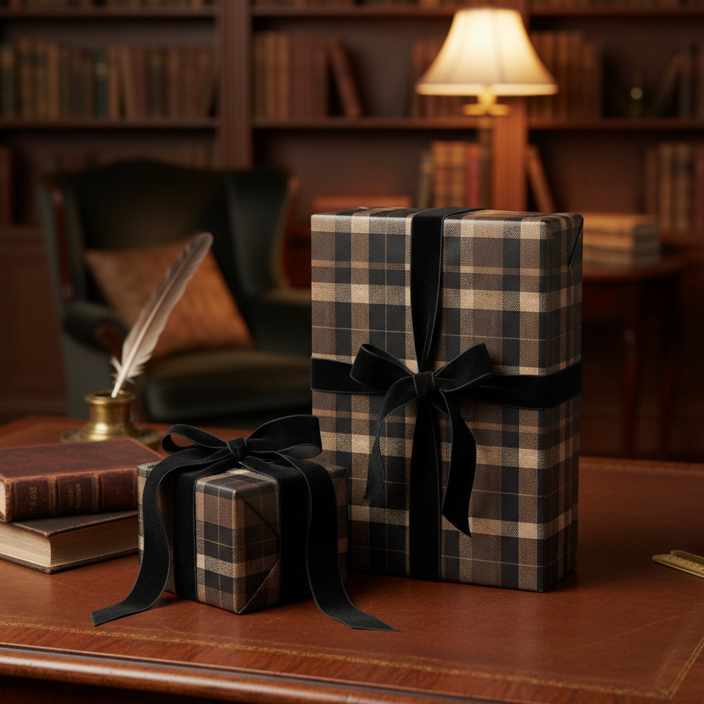Elegant gifts wrapped in brown plaid paper with black velvet ribbon, set in a stately home library.