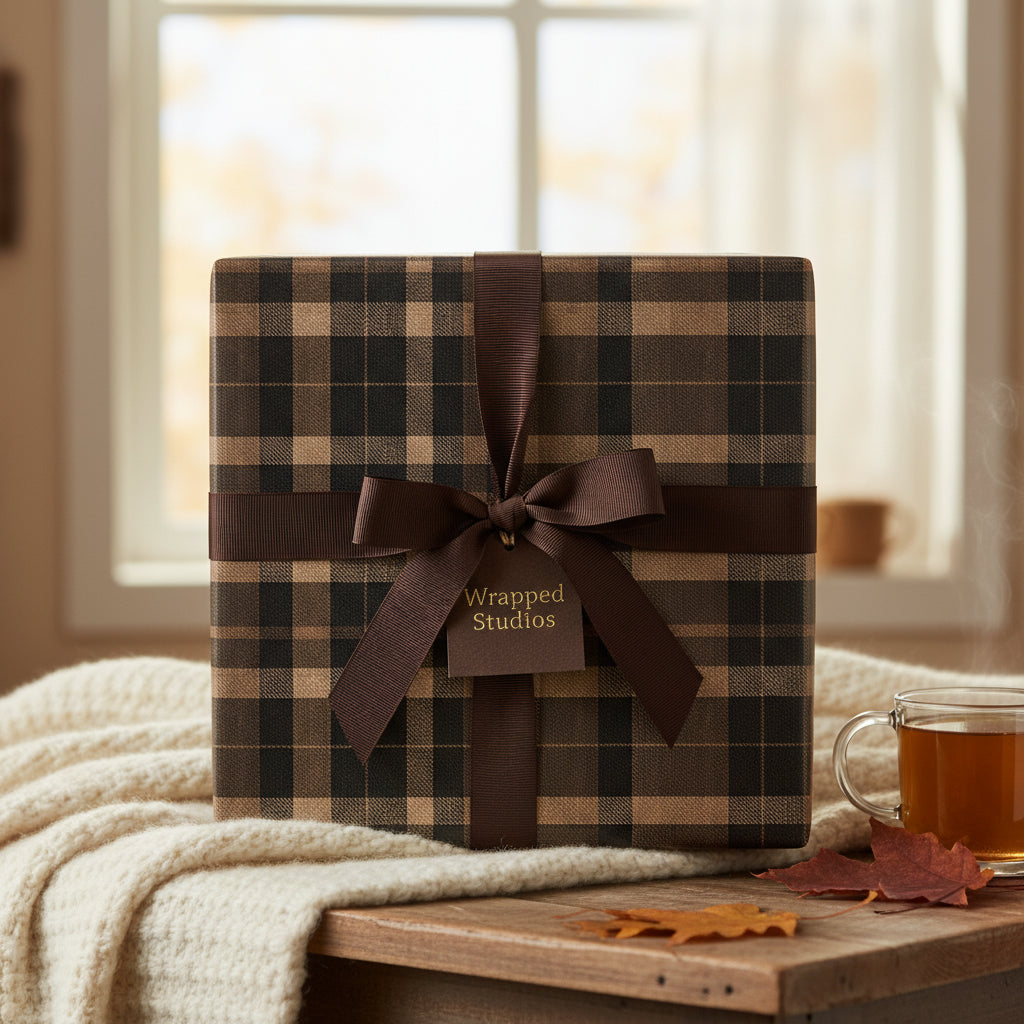 Rustic plaid wrapping paper with brown ribbon on a gift box, next to a mug of tea.
