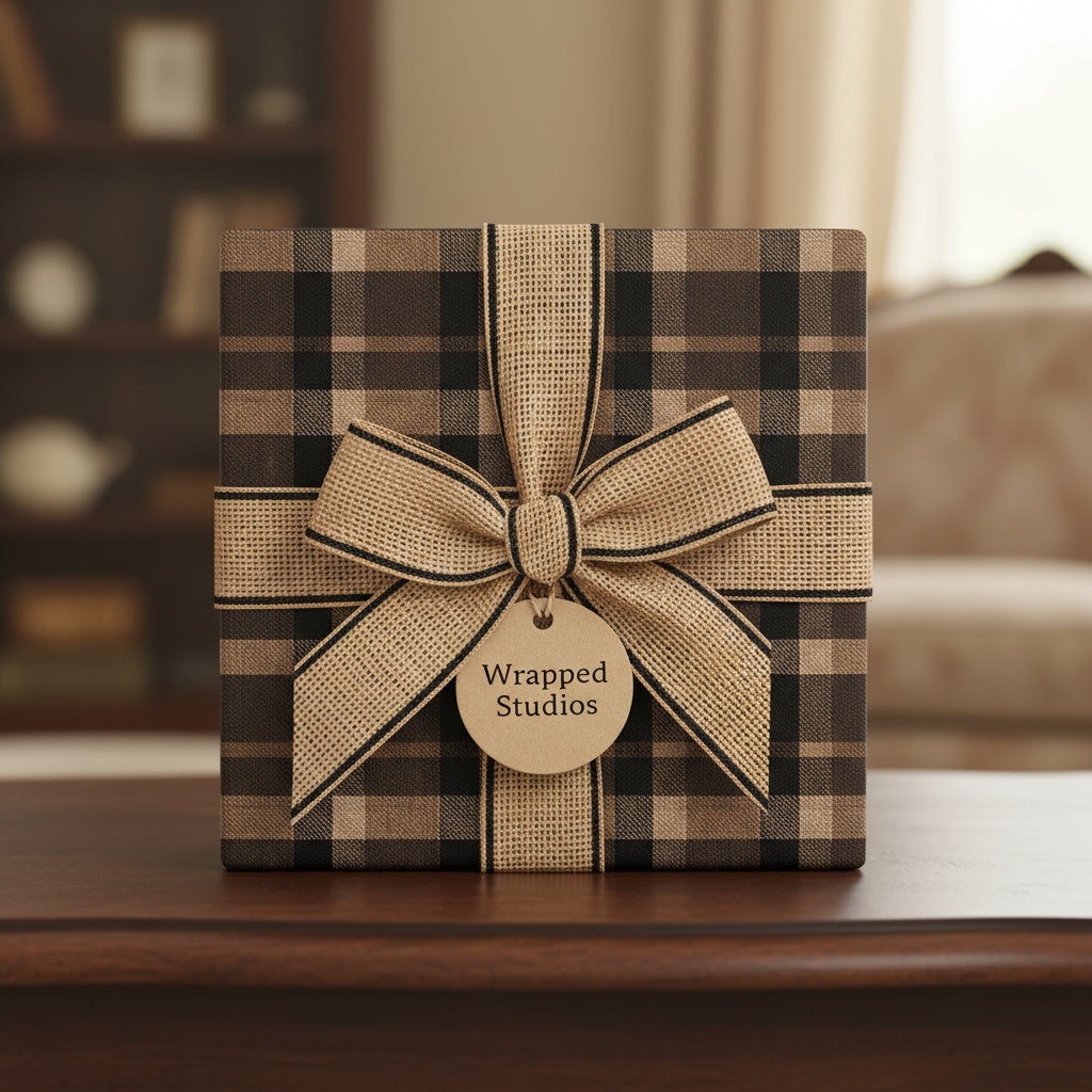 Brown and black plaid gift wrap with burlap ribbon for rustic Christmas or birthday presents.