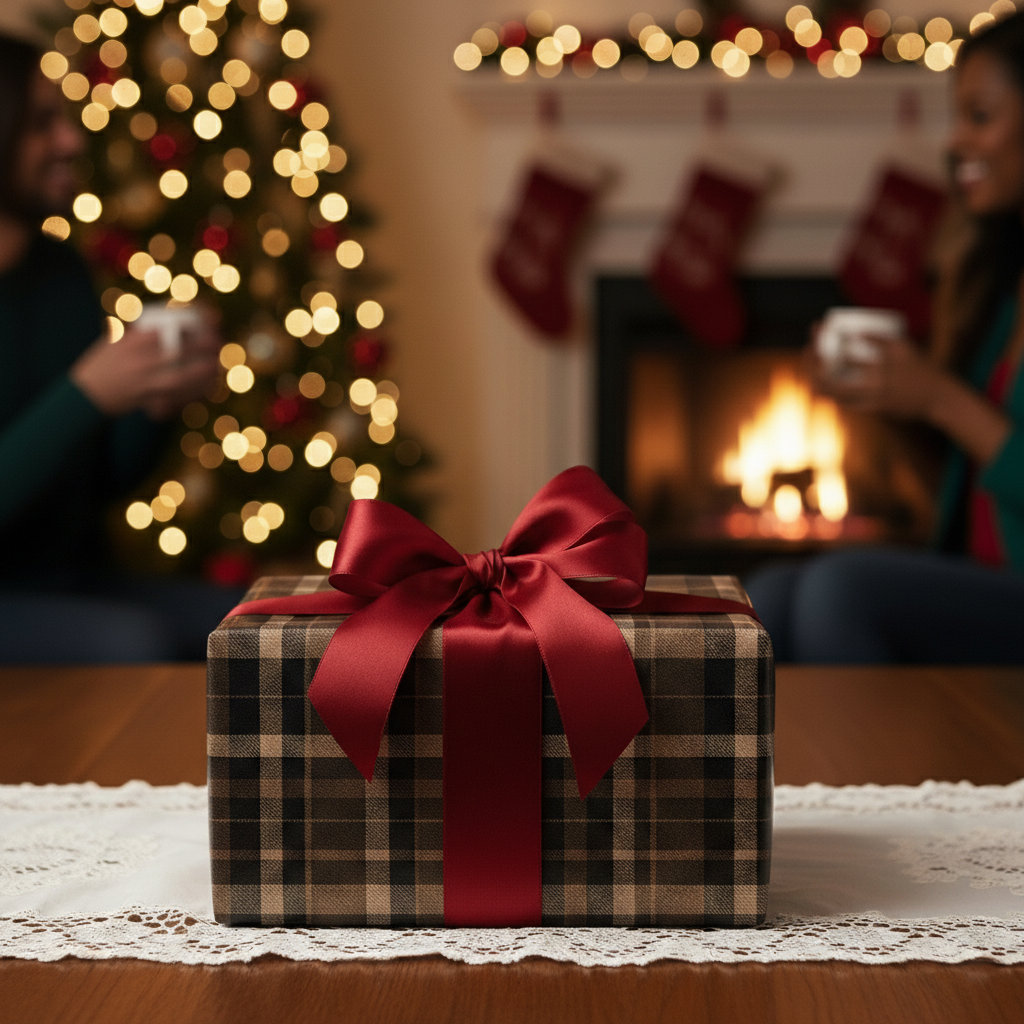 Plaid Christmas gift wrap with red satin bow sits on table, with a tree and people near fireplace in background.