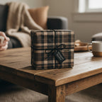 Rustic chic gift: Brown and black plaid wrapping paper with twine tie and tag on a wooden coffee table.