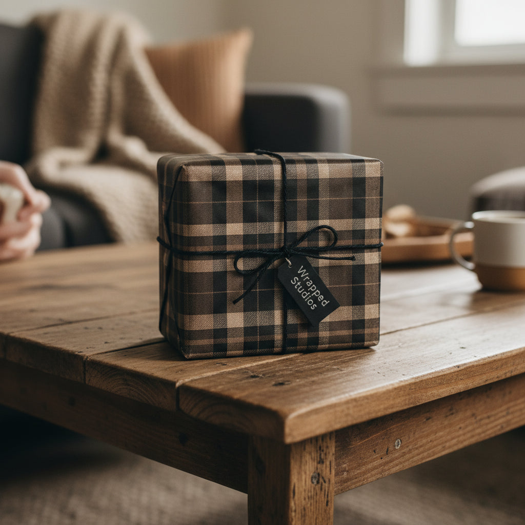 Rustic chic gift: Brown and black plaid wrapping paper with twine tie and tag on a wooden coffee table.