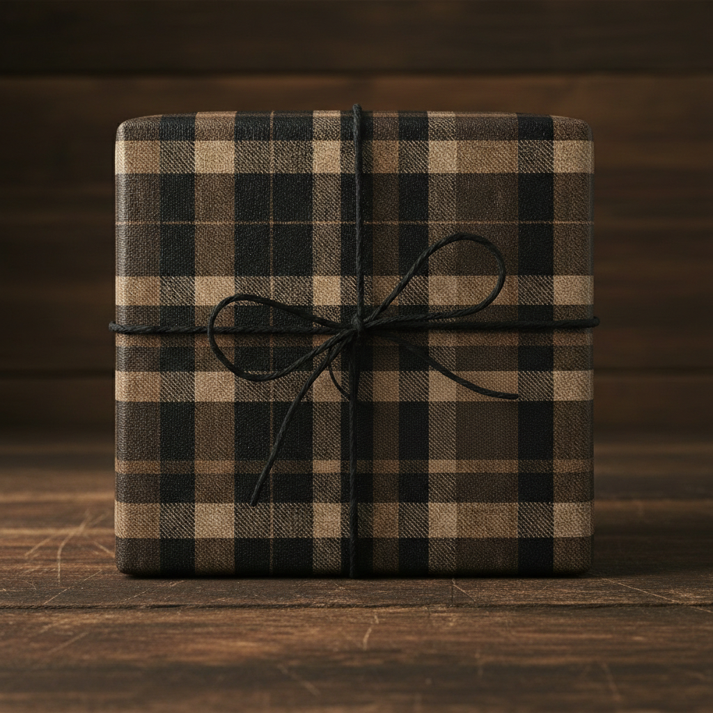 Square gift wrapped in brown and black plaid wrapping paper with a simple black twine bow.