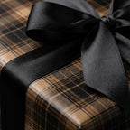 Close-up of a wrapped gift with black satin bow and tan/black plaid wrapping paper; elegant Christmas gift wrap.