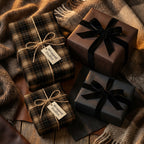 Elegant gift wrapping: Brown and gray luxury gift wrap with velvet ribbon and rustic plaid wrapping paper.