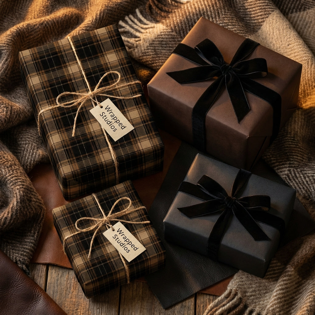 Elegant gift wrapping: Brown and gray luxury gift wrap with velvet ribbon and rustic plaid wrapping paper.