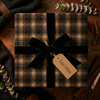 Rustic "For Him" gift wrapped in brown plaid wrapping paper with a black velvet ribbon bow.