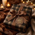 Cozy Christmas gift wrapped in brown plaid paper with a matching ribbon, "Warm Wishes" tag, and candlelit backdrop.