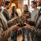 Passing a gift wrapped in rustic plaid paper and twine bow at a cozy gathering.