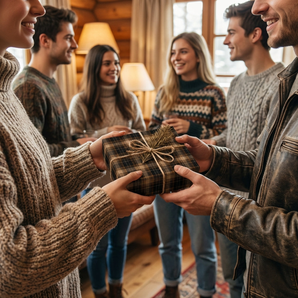 Passing a gift wrapped in rustic plaid paper and twine bow at a cozy gathering.