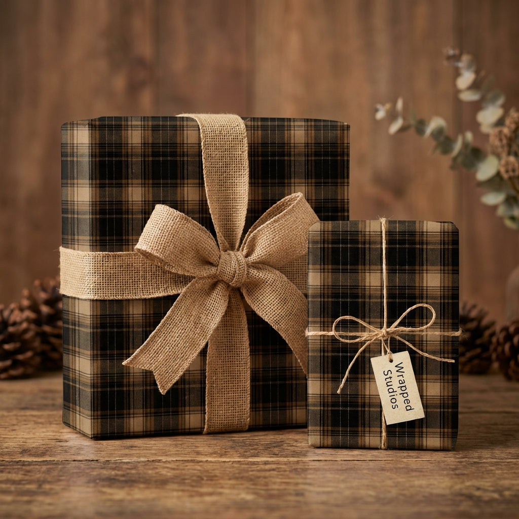 Rustic Christmas gift wrap on boxes with burlap ribbon and plaid wrapping paper.