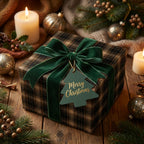 Elegant Christmas gift wrap with dark plaid paper, velvet green ribbon, and "Merry Christmas" tree tag.