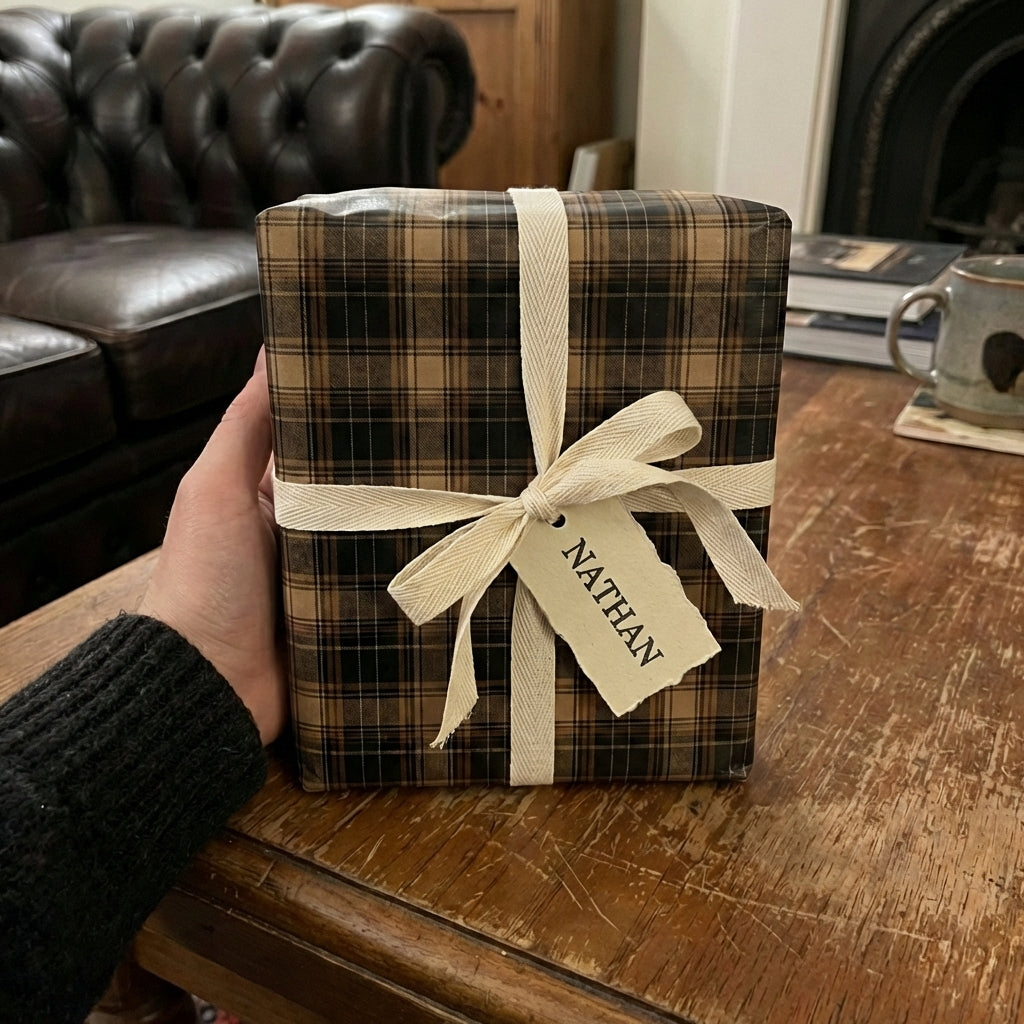 Gift wrapped in brown plaid wrapping paper with cream ribbon and "Nathan" tag.