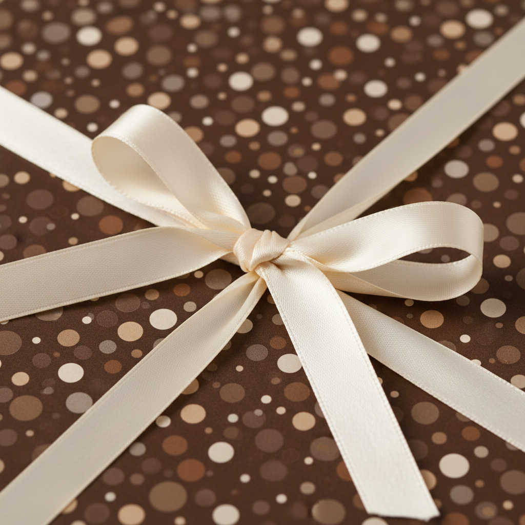 Brown polka dot birthday wrapping paper with a cream-colored ribbon tied in a bow.