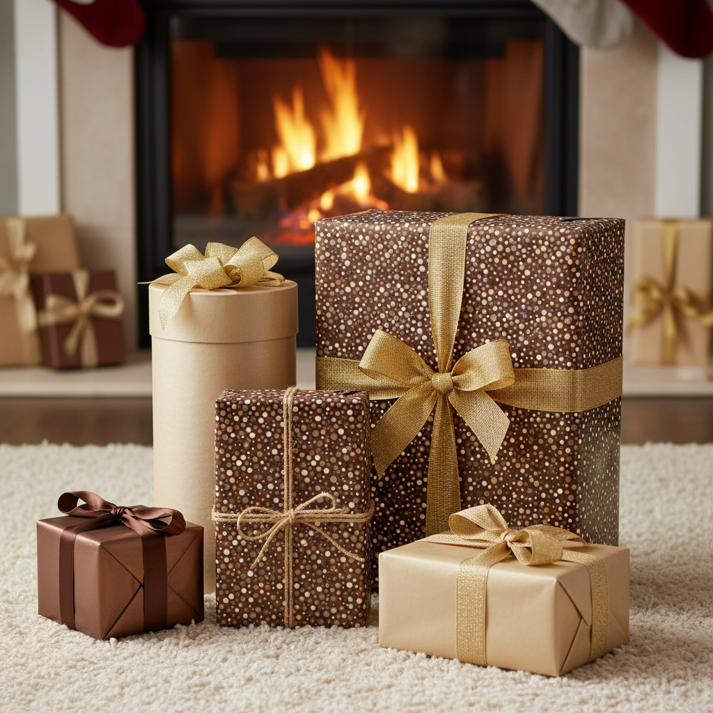 Elegant Christmas presents wrapped in gold and brown gift wrap with bows, near a cozy fireplace.