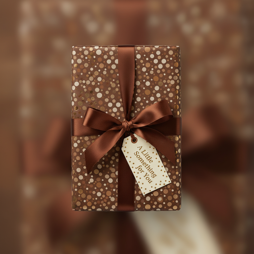 Wrapped gift box with brown dotted wrapping paper, satin bow, and "A Little Something for You" tag.