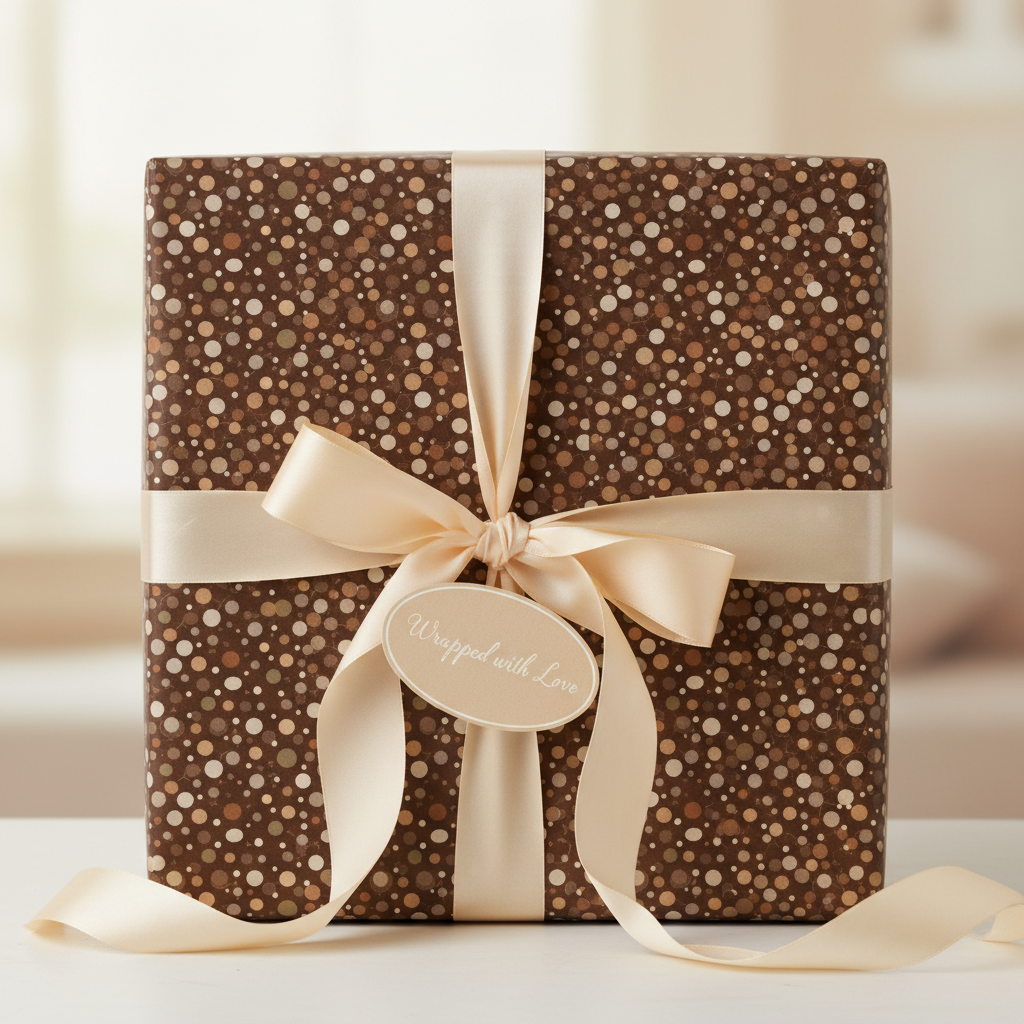 Brown birthday wrapping paper with polka dots and a cream-colored satin ribbon on a square gift box.
