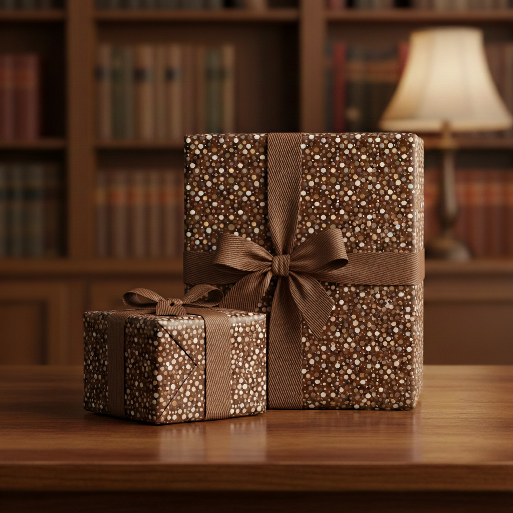 Elegant brown wrapping paper with ribbon on gift boxes, ideal for luxurious birthday or holiday presents.