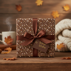 Autumn gift with brown dot wrapping paper, ribbon bow, and "Warm Wishes" tag.