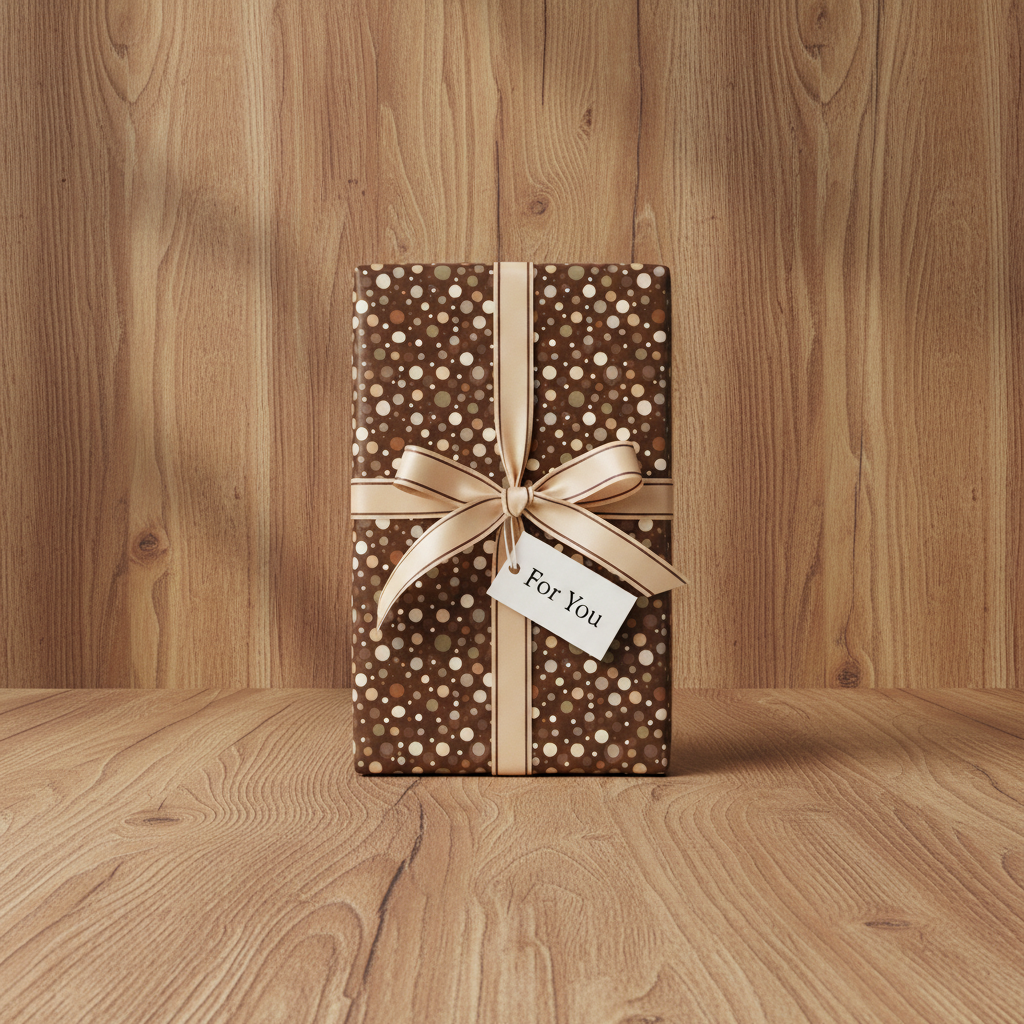 Brown dotted wrapping paper with a gold ribbon and "For You" tag.
