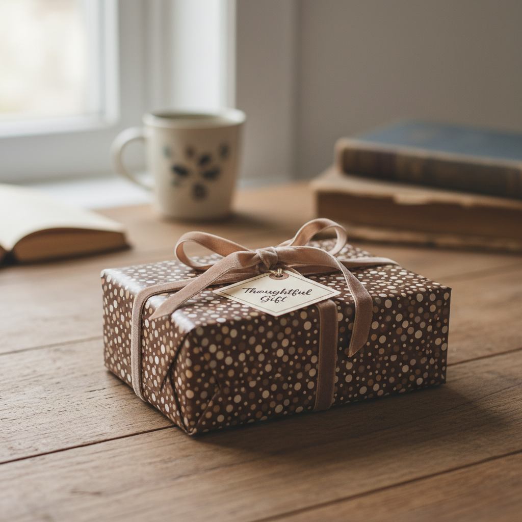 Brown and cream dot pattern wrapping paper with velvet ribbon on wood table; elegant gift wrap.
