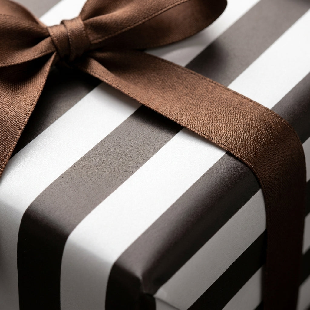 Modern black and white striped wrapping paper with a luxury brown satin bow by Wrapped Studios.