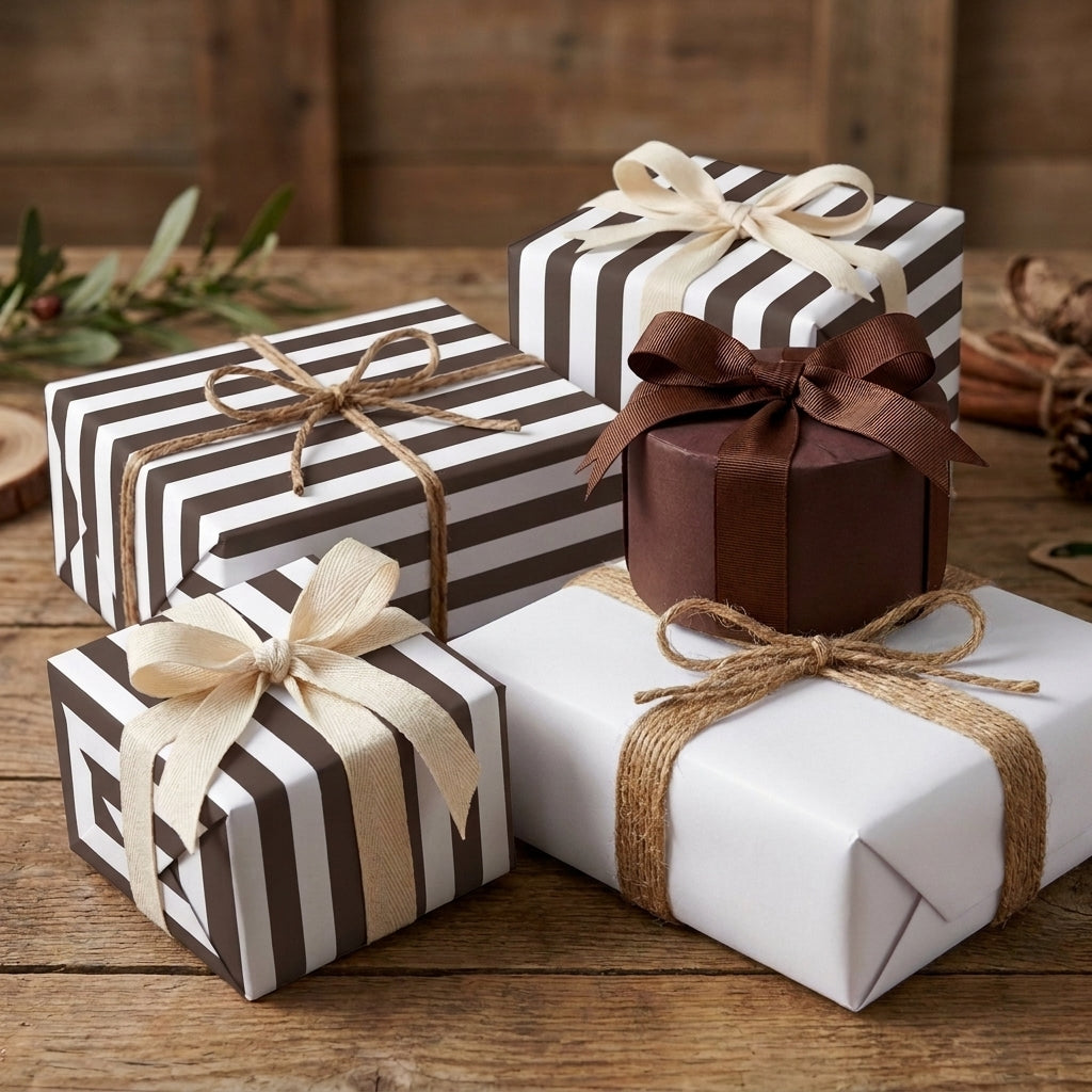 Rustic brown and white striped wrapping paper on gift boxes with twine and cream bows by Wrapped Studios.