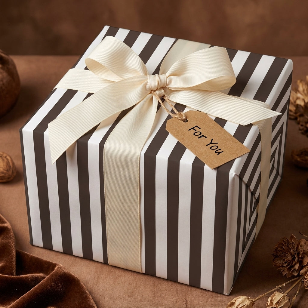 Modern brown striped wrapping paper with a cream ribbon bow. Luxury gift wrap by Wrapped Studios.