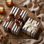 Luxury brown striped wrapping paper with satin bows on a cozy wooden table setting by Wrapped Studios.
