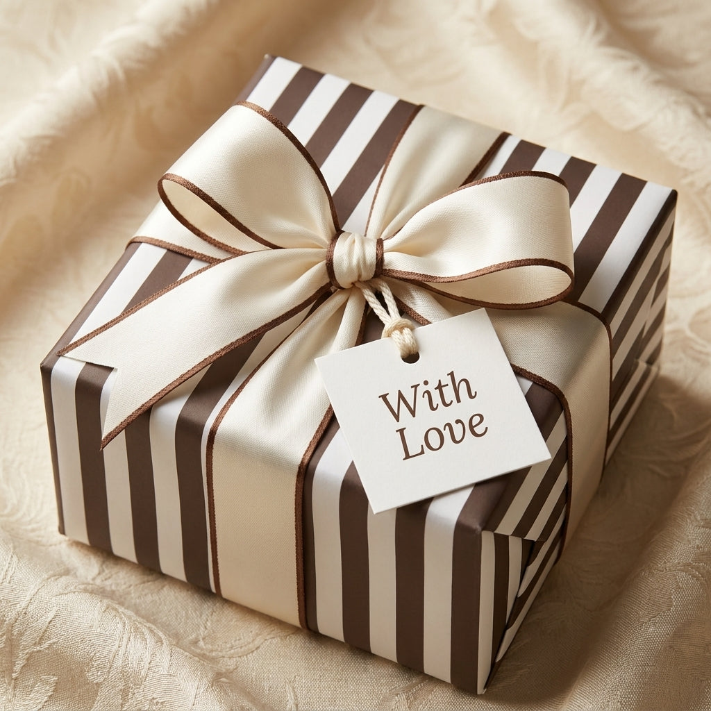 Elegant brown striped wrapping paper with satin bow and 'With Love' tag by Wrapped Studios.