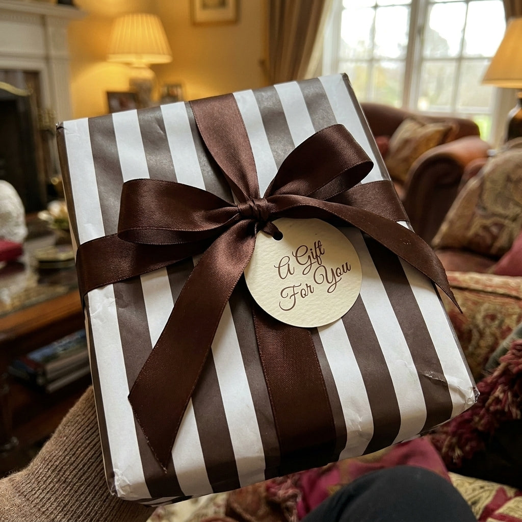 Luxury brown and white striped wrapping paper with a satin ribbon and gift tag by Wrapped Studios.