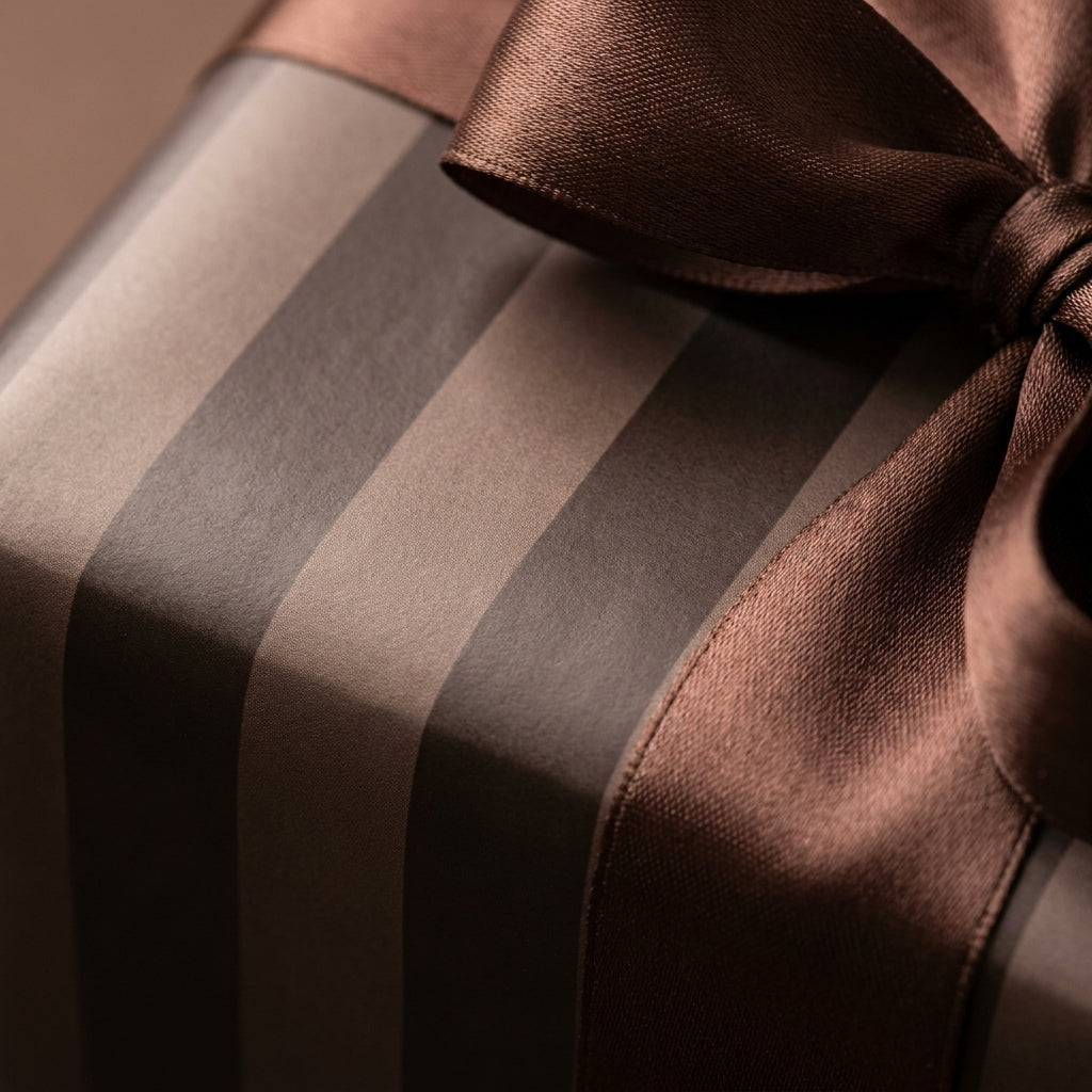 Luxury brown striped wrapping paper with a satin ribbon bow by Wrapped Studios.