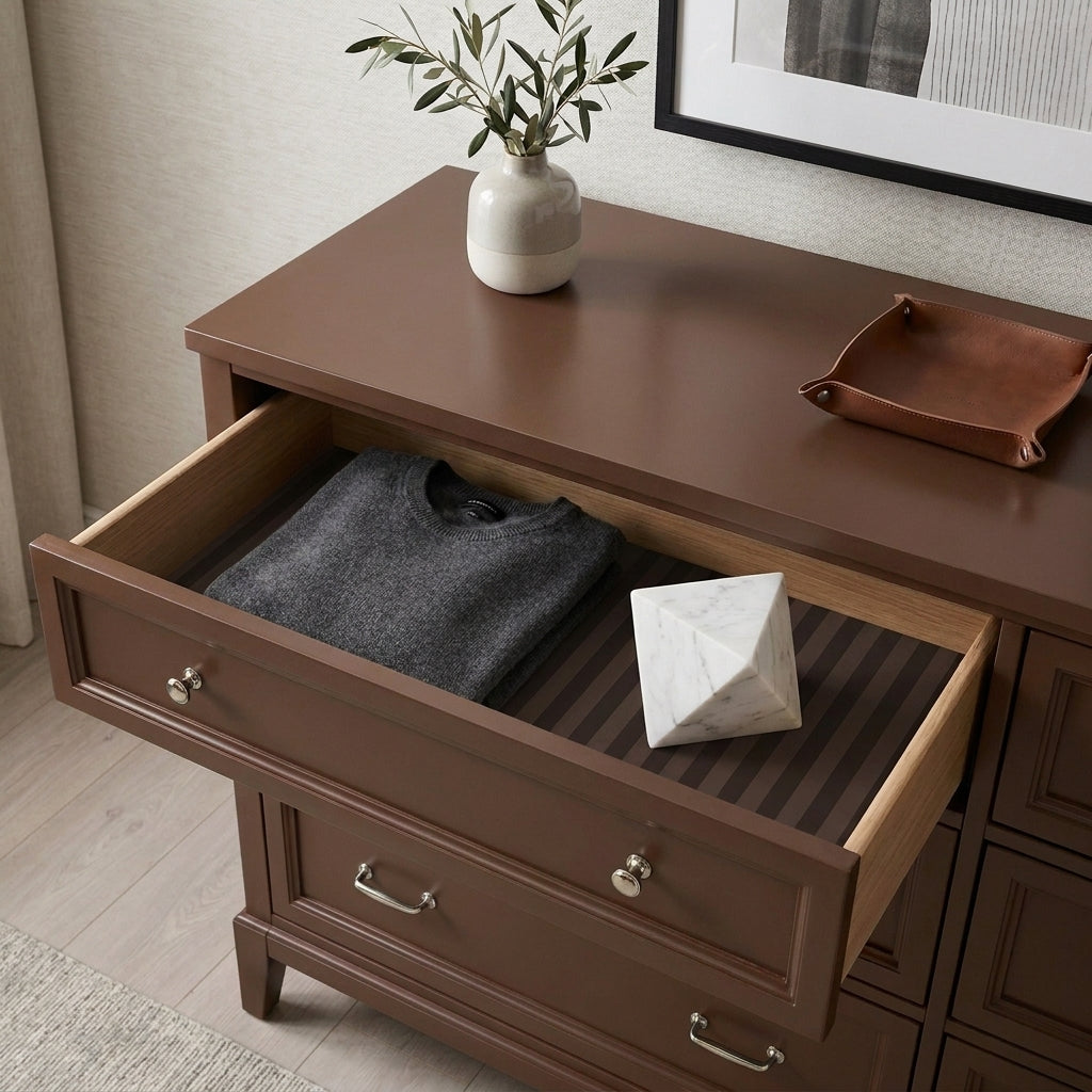 Brown striped wrapping paper used as a modern drawer liner in a dresser, by Wrapped Studios.