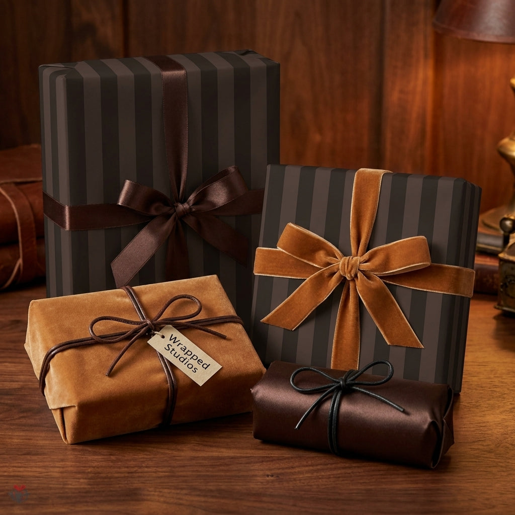 Luxury brown striped wrapping paper and velvet gift wrap with bows on a wood table by Wrapped Studios.