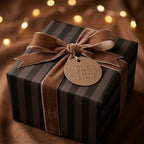 Luxury striped wrapping paper for him with brown velvet bow and gift tag, by Wrapped Studios.