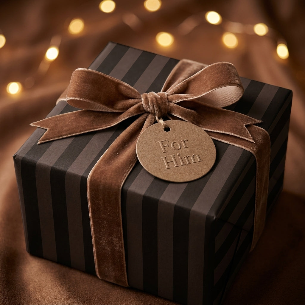 Luxury striped wrapping paper for him with brown velvet bow and gift tag, by Wrapped Studios.