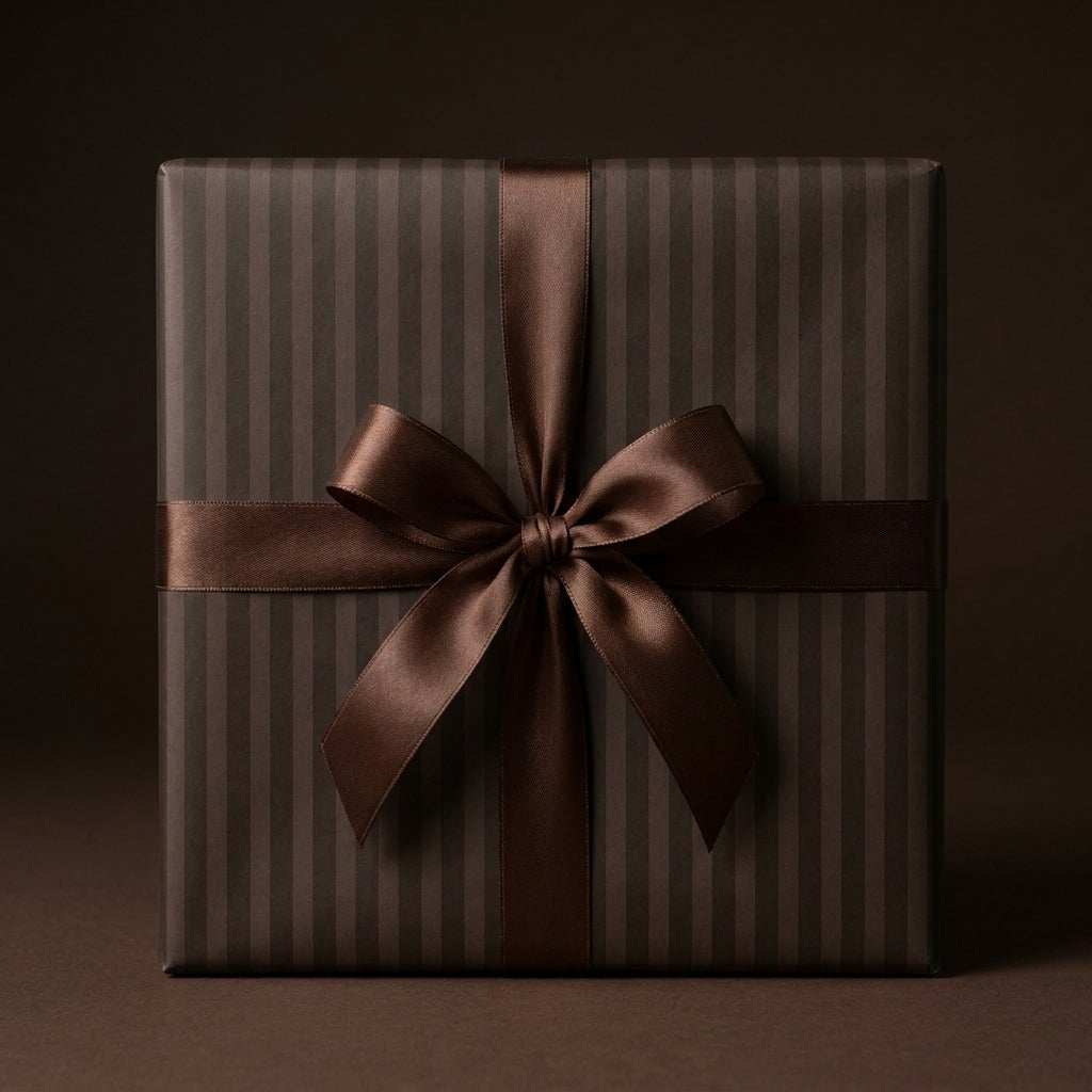 Brown striped luxury gift wrap with a satin bow on a gift box by Wrapped Studios.
