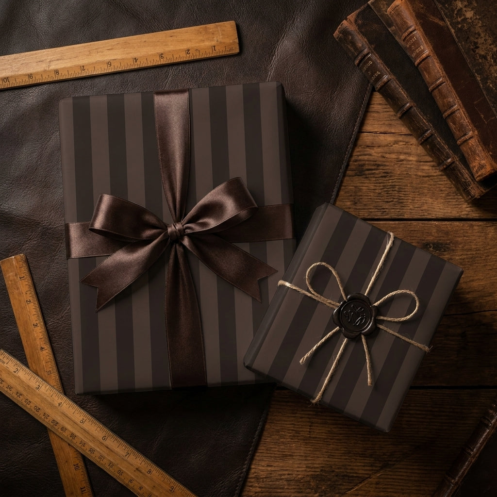 Luxury brown striped wrapping paper with a satin ribbon and wax seal by Wrapped Studios.