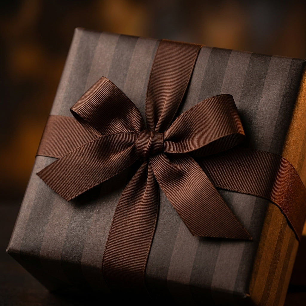 Luxury brown striped wrapping paper with a matching ribbon bow on a gift box, by Wrapped Studios.