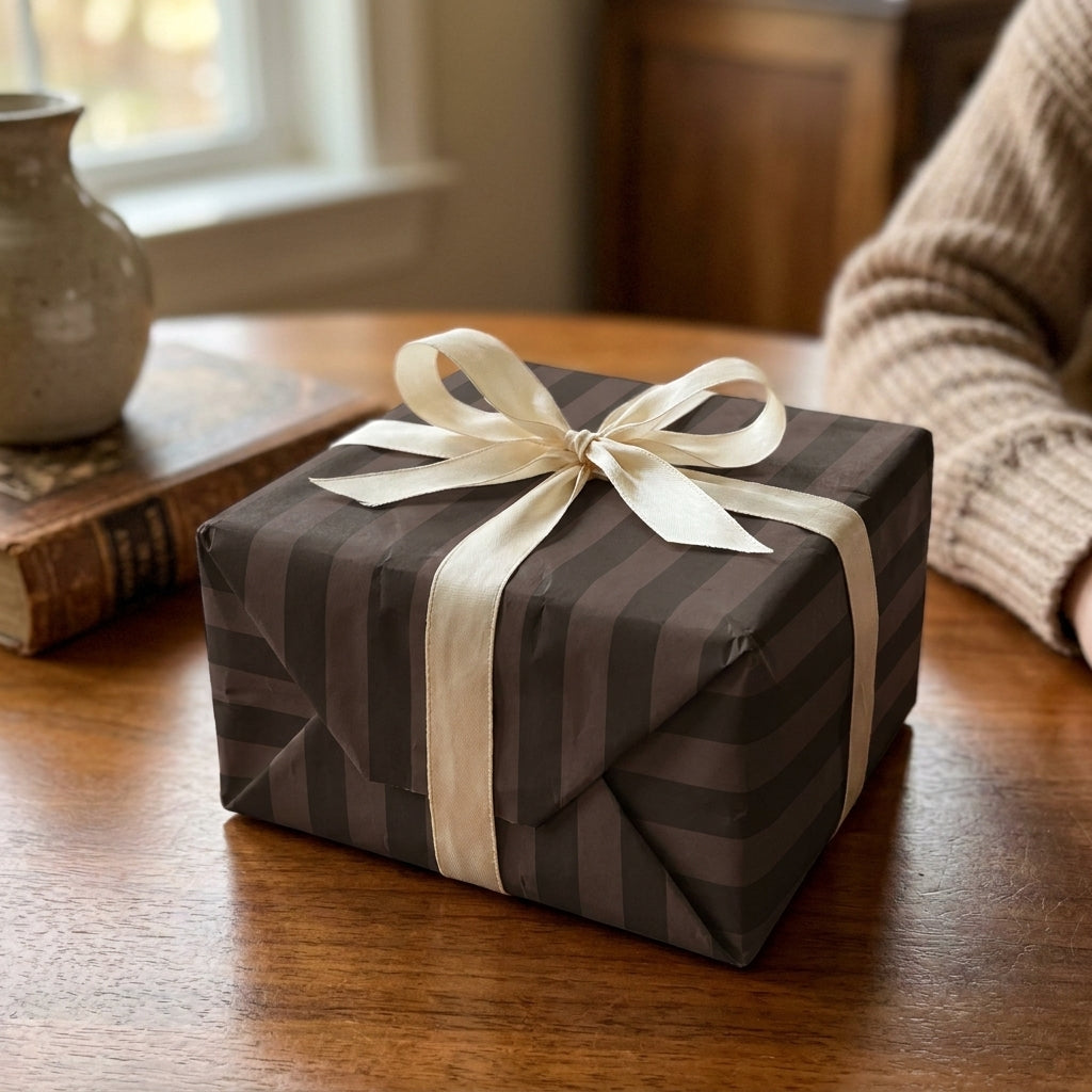 Elegant brown striped wrapping paper with a cream bow on a gift box by Wrapped Studios.