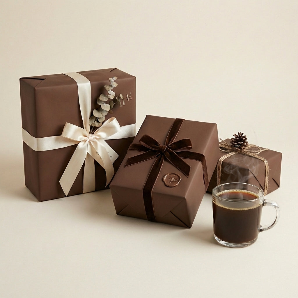 Elegant brown wrapping paper on gifts with silk, velvet, and twine ribbons, plus a mug of coffee.
