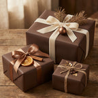 Elegant brown wrapping paper on gifts with ribbon, twine, and rustic decorations for holiday or special occasion.